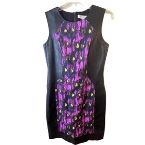 Teri Jon Faux Black Leather Purple Floral Sheath Dress Size 8